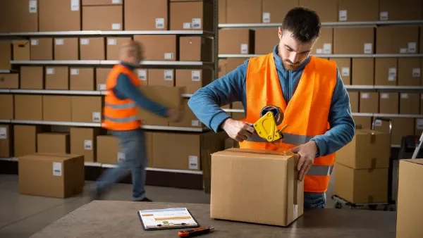 Man packing up a box in warehouse