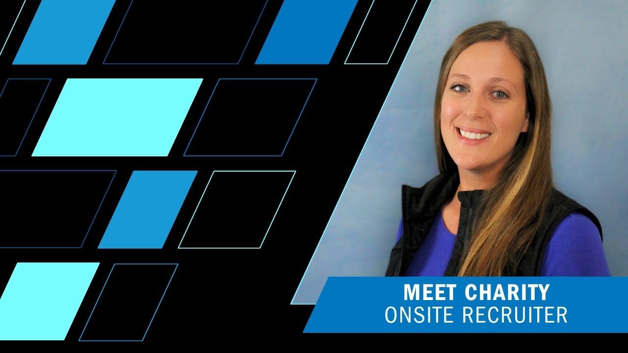 Image of Charity, the Onsite Recruiter at Forgent Power Solutions, wearing a purple shirt and a black vest, long brown hair, blue eyes