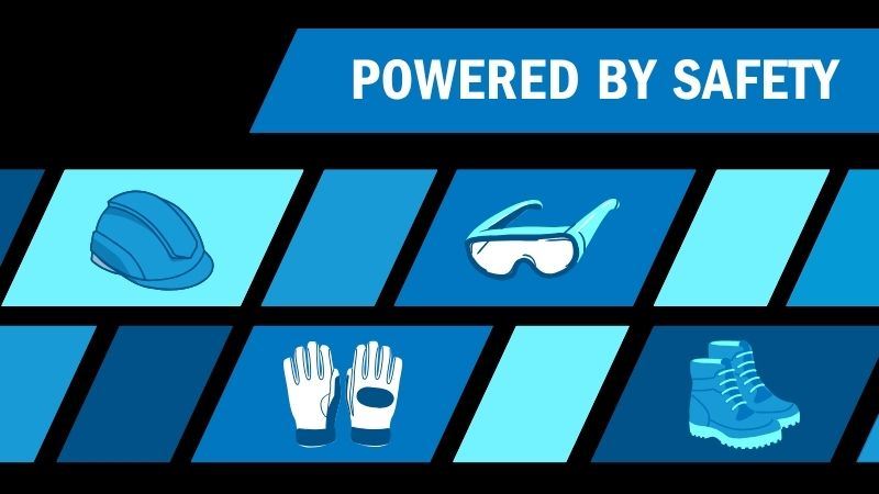 Graphic highlighting personal protective equipment including hard hats, safety glasses, safety gloves, and closed-toe safety shoes