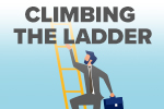 Graphic of a person climbing a ladder against a blue background with text saying 