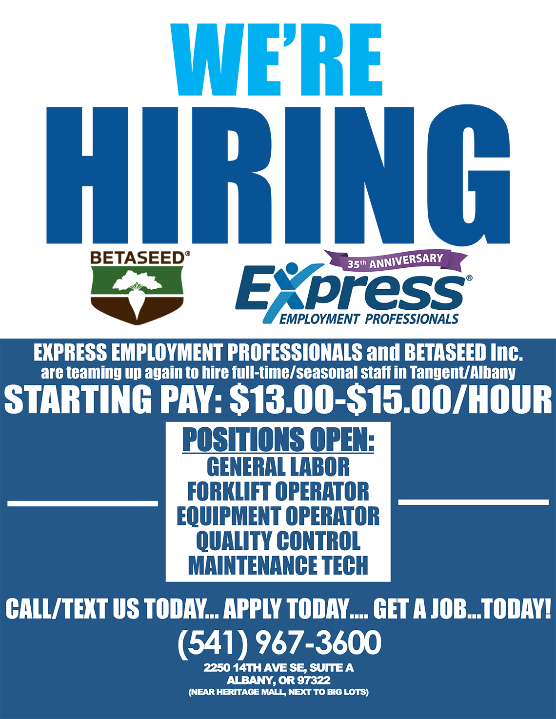 BetaSeed is Now Hiring in Albany OR with Express Employment Professionals